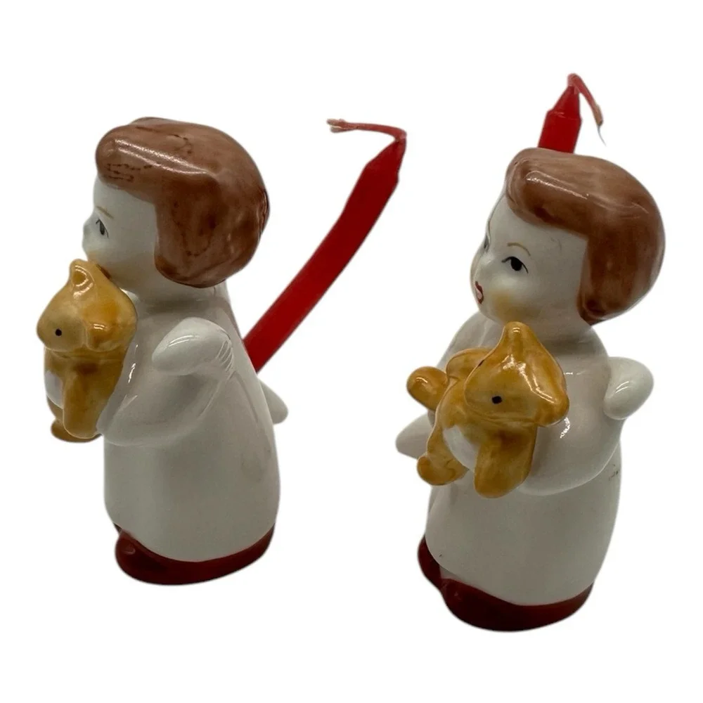 Pair of Vintage Goebel Christmas Candle Holders Angel w/ Teddy Bear 2.5